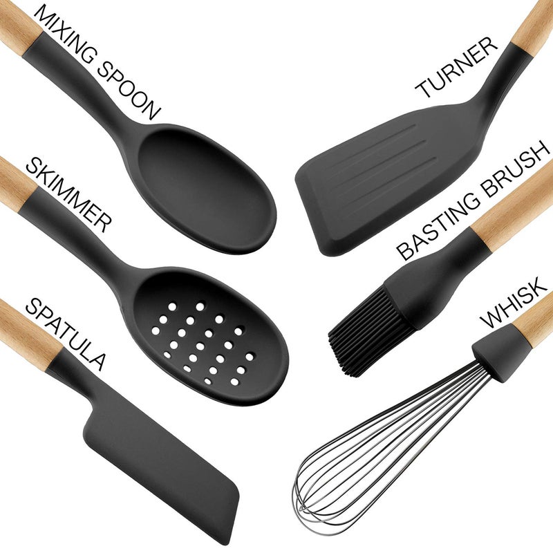 Country Kitchen Non Stick Silicone Utensil Set with Rounded Wood Handles for Cooking and Baking, 6 Piece Set, Black - Image 2